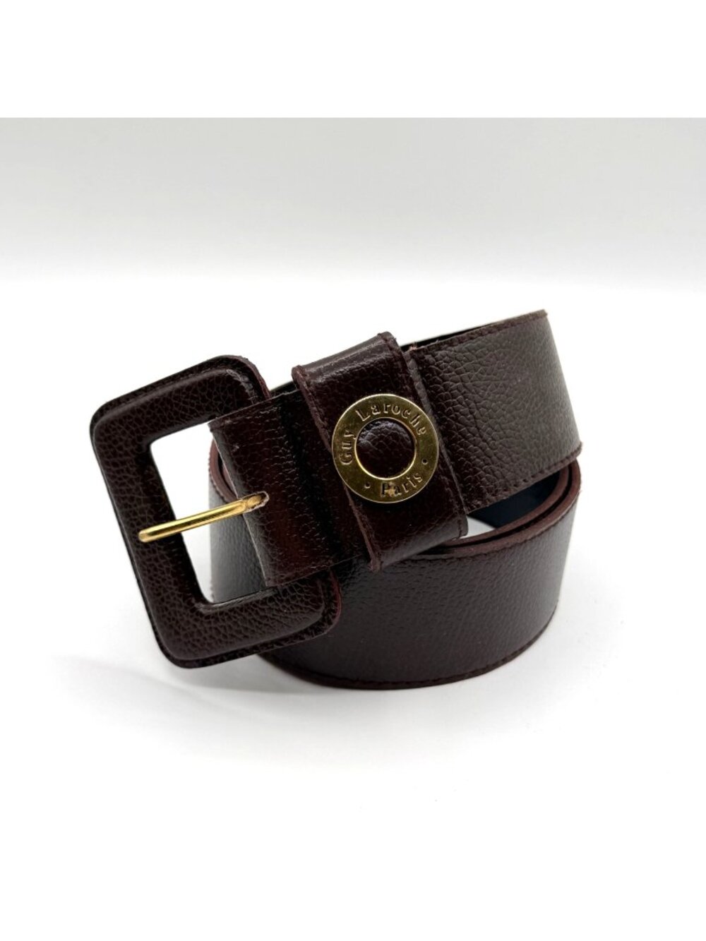 Vintage Guy Laroche Paris Brown Pebbled Leather Square Buckle Belt